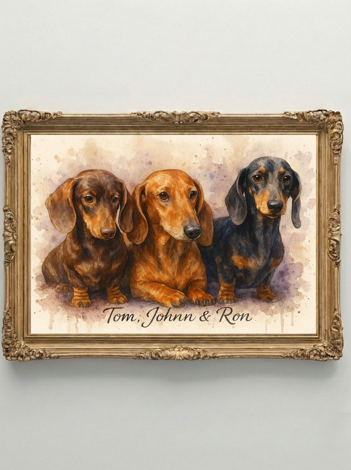 Retrato Digital Personalizado de tu Mascota - 3 Mascotas - Watercolor Purple