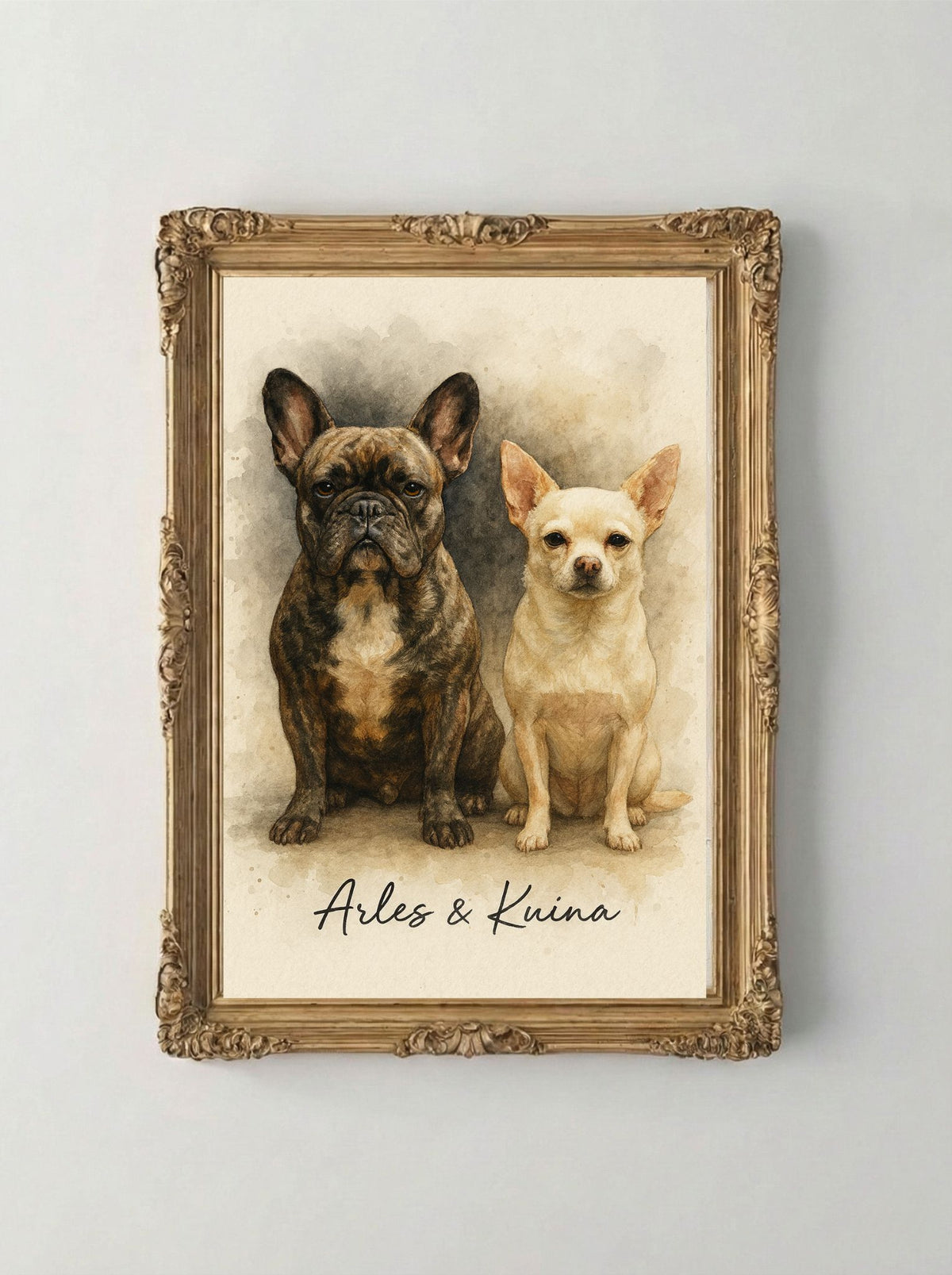 Retrato Digital Personalizado de tu Mascota - 2 Mascotas - Watercolor Black