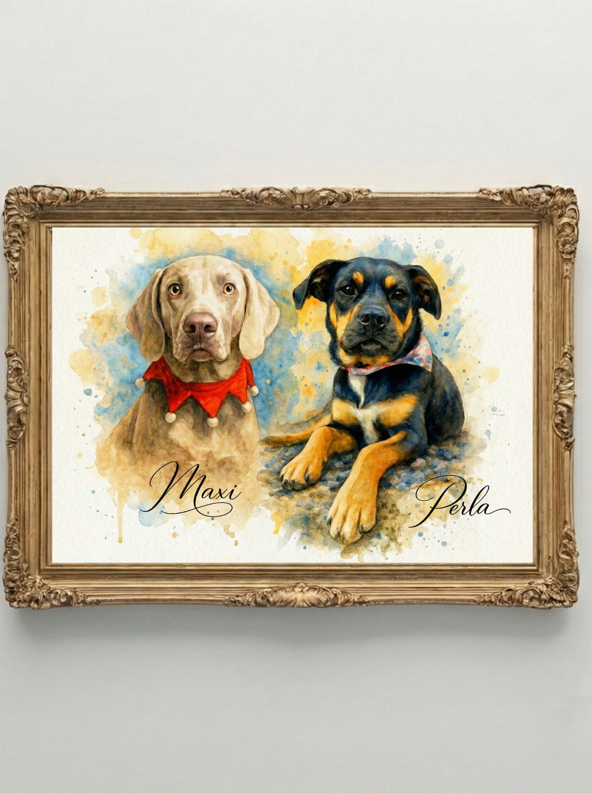 Retrato Digital Personalizado de tu Mascota - 2 Mascotas - Watercolor Blue Yellow