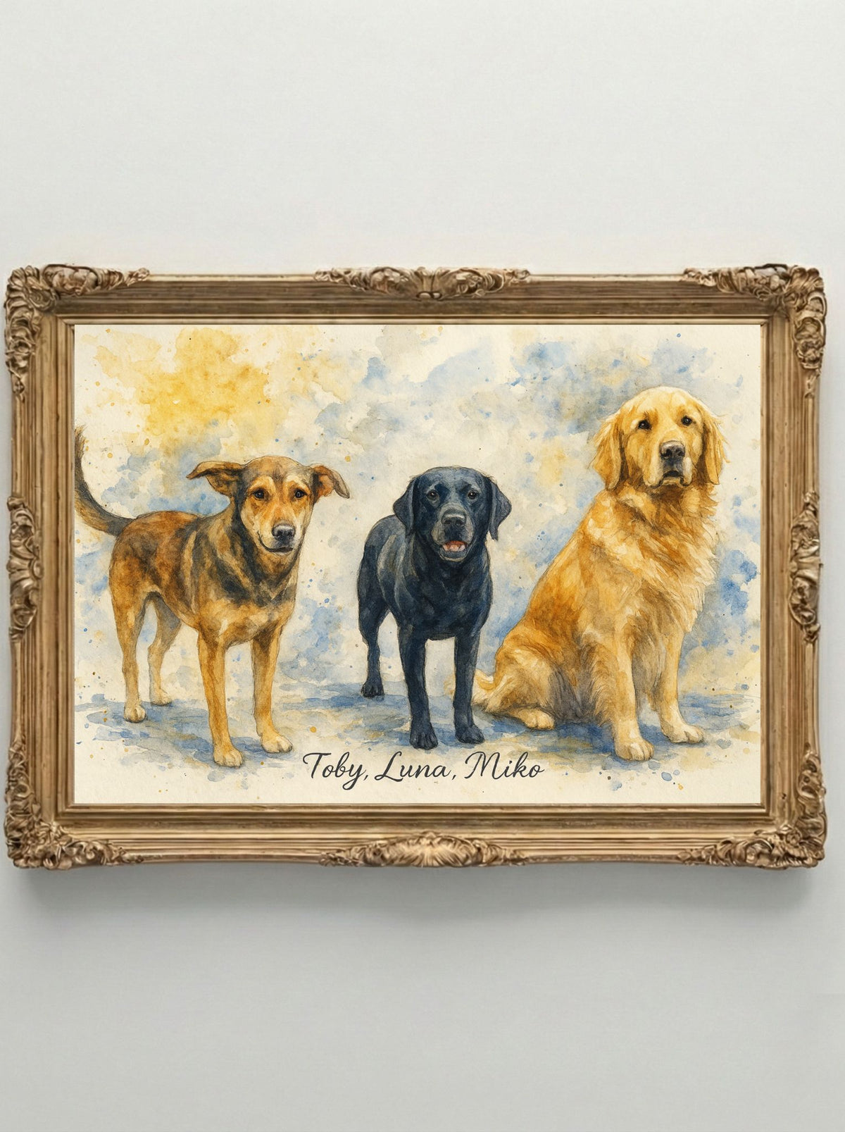 Retrato Digital Personalizado de tu Mascota - 3 Mascotas - Watercolor Blue Yellow