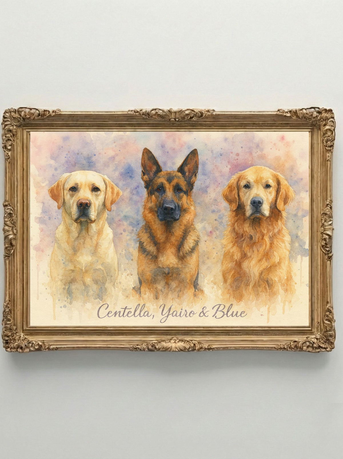 Retrato Digital Personalizado de tu Mascota - 3 Mascotas - Watercolor Pink