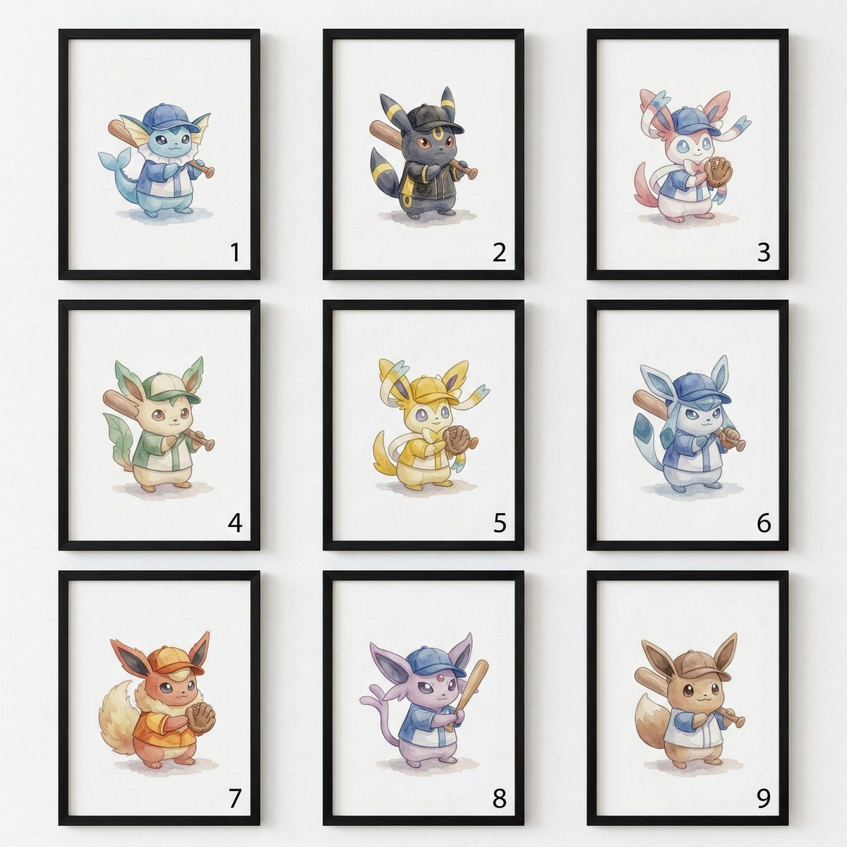 Cuadro Enmarcado Pokebreak| 9 Eeve evoluciones baseball