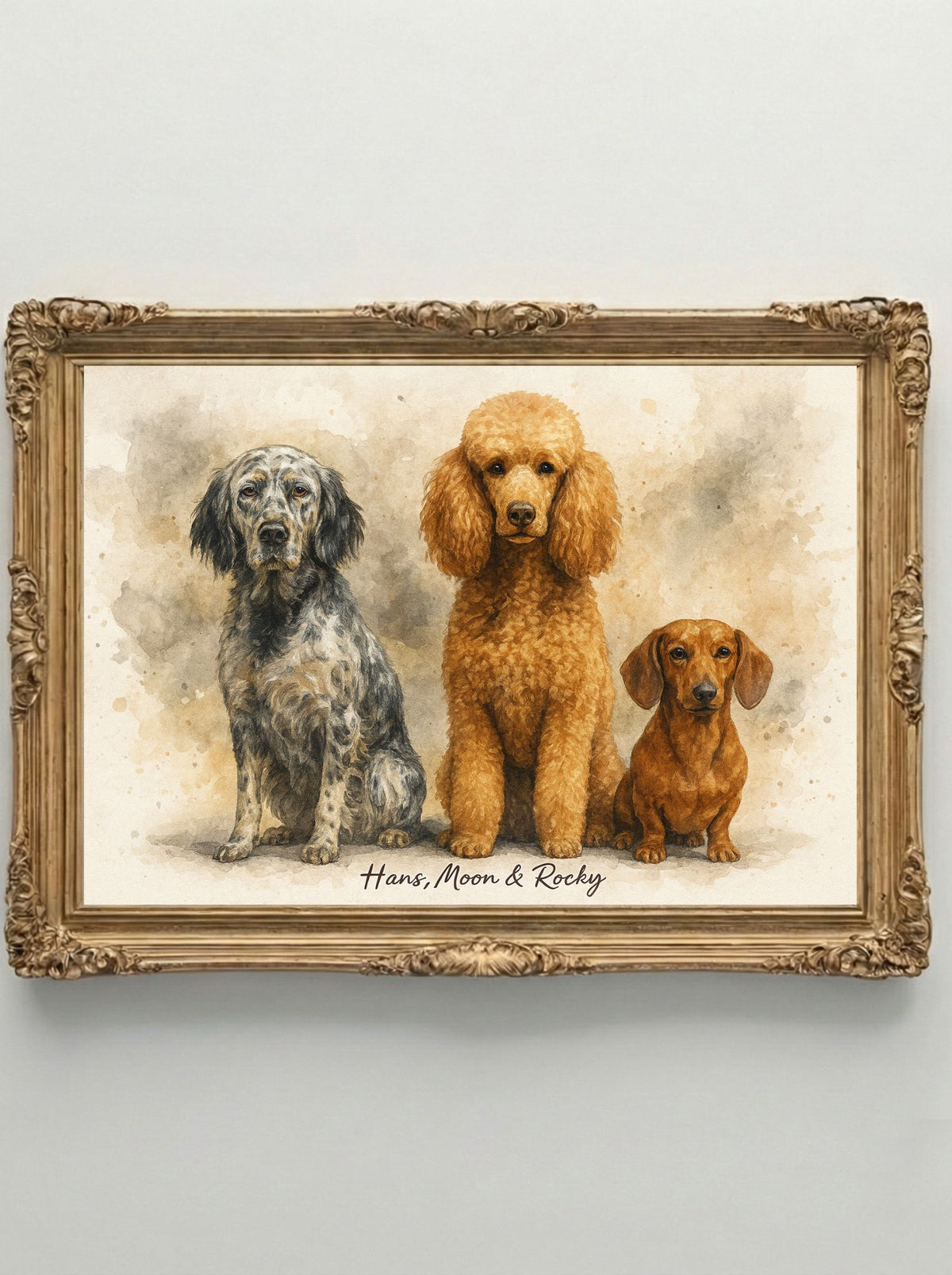 Retrato Digital Personalizado de tu Mascota  - 3 Mascotas - Watercolor Black