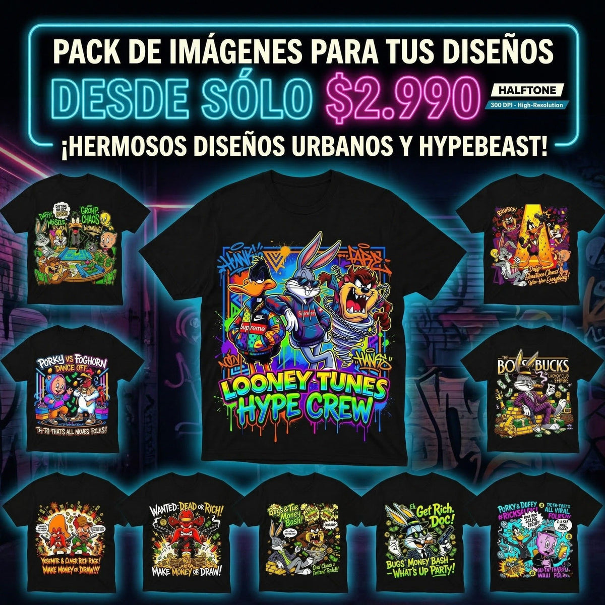 250 Cartoon polera negra Digital PNG / Estampar tus Poleras DTF-DTG-Serigrafía