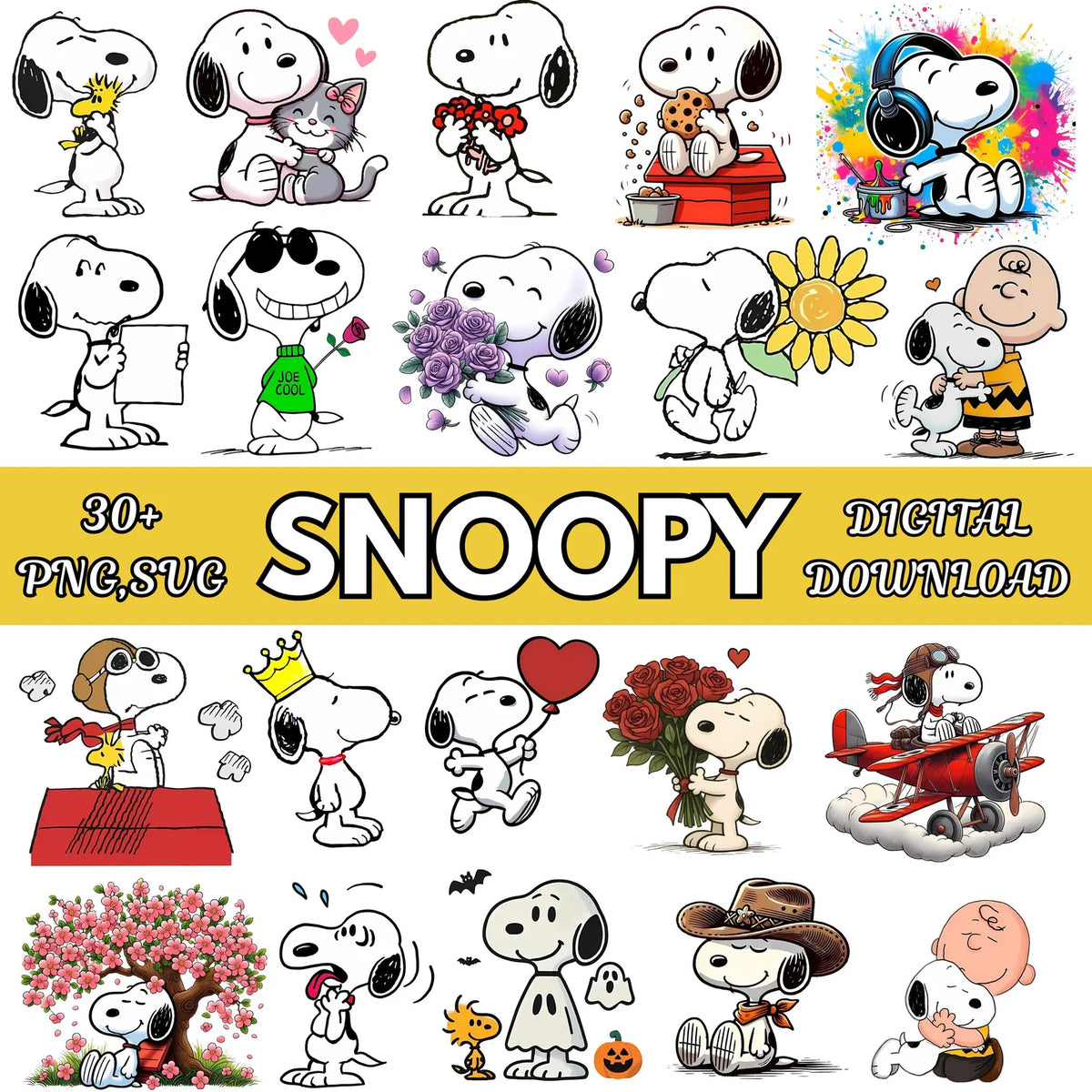 30+ Snoopyy, Charliee Brown Ilustraciones Digital PNG| Clipart | Sticker