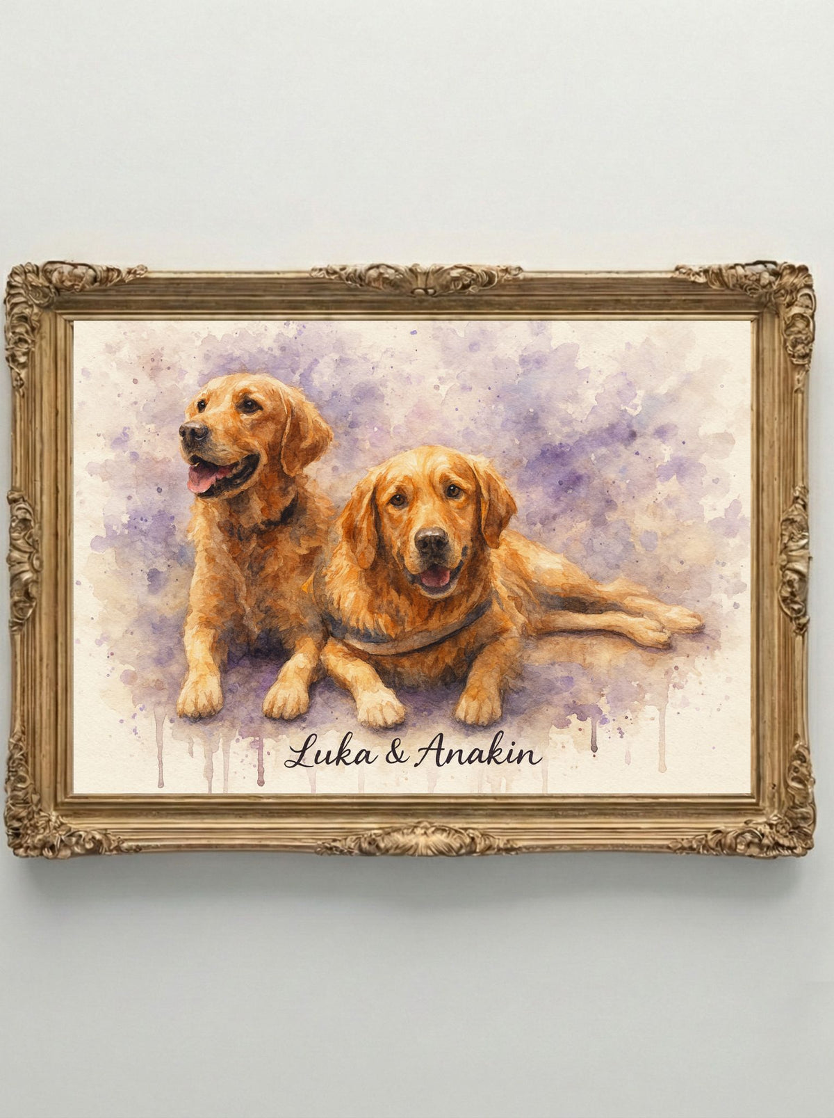 Retrato Digital Personalizado de tu Mascota - 2 Mascotas- Watercolor Purple