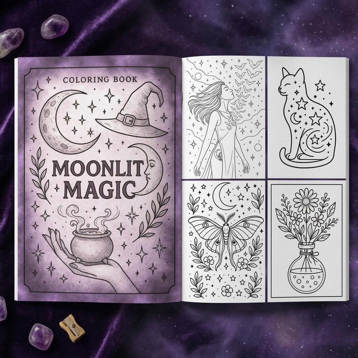 Libro para Colorear | PDF Digital para Imprimir | Moonlit Magic: A Celestial Witchy 20 Páginas